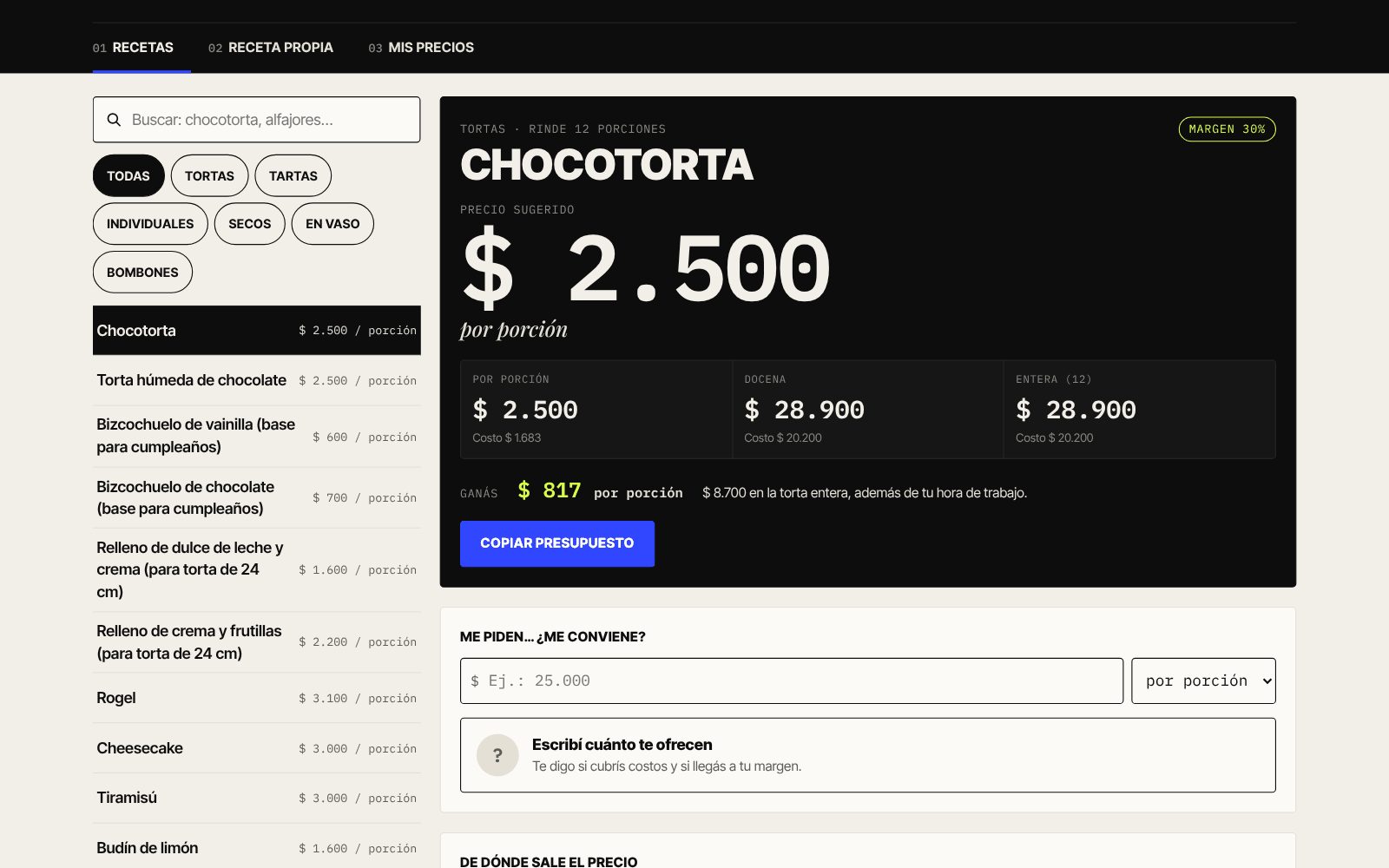 Calculadora: chocotorta, $2.500 por porción
