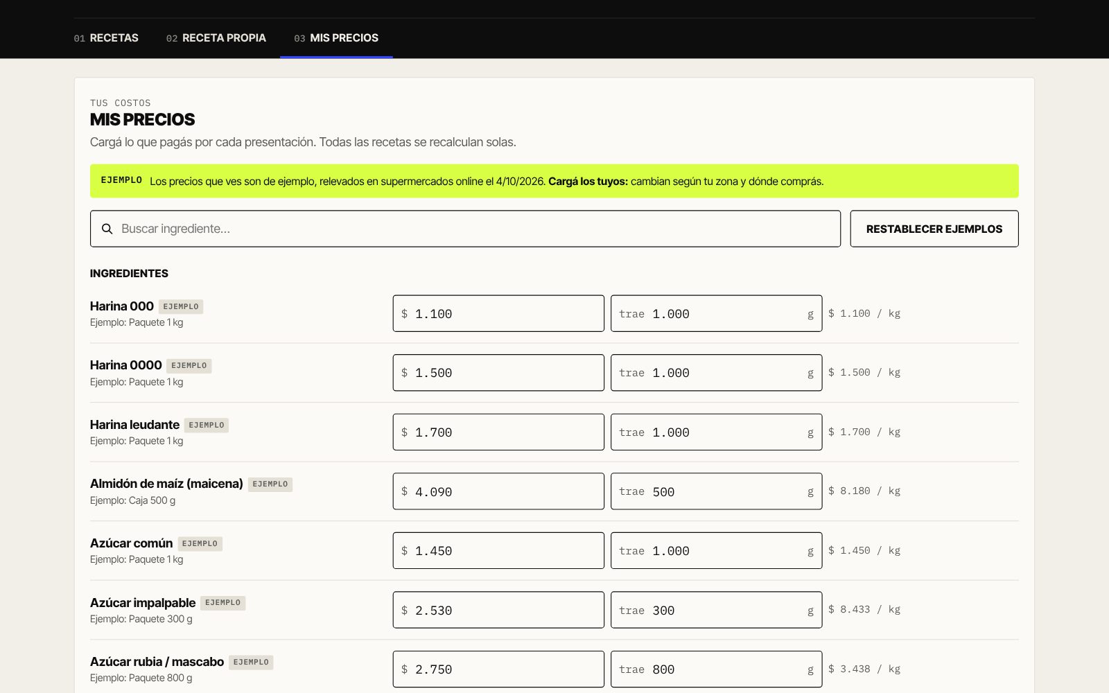 Pantalla Mis precios con la lista de ingredientes